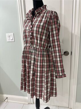J. Crew. Plaid Ruffle Collar Long Sleeve Fit-and-Flare Dress in Red and Green